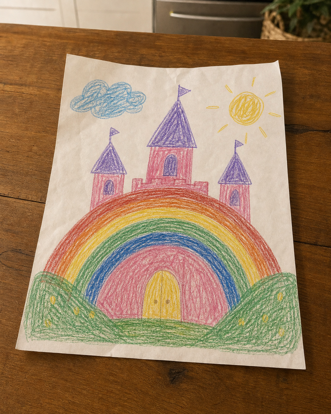 Original phone photo of a child's rainbow castle artwork before Kinfolo cleanup