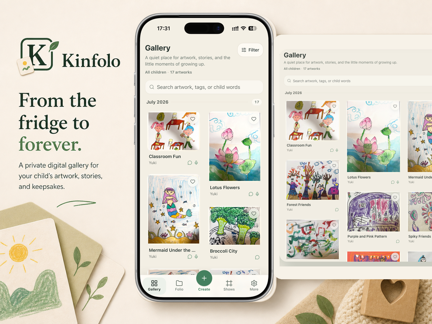 Kinfolo private family gallery app for children's artwork, voice notes, digital Folios, and private family Shows