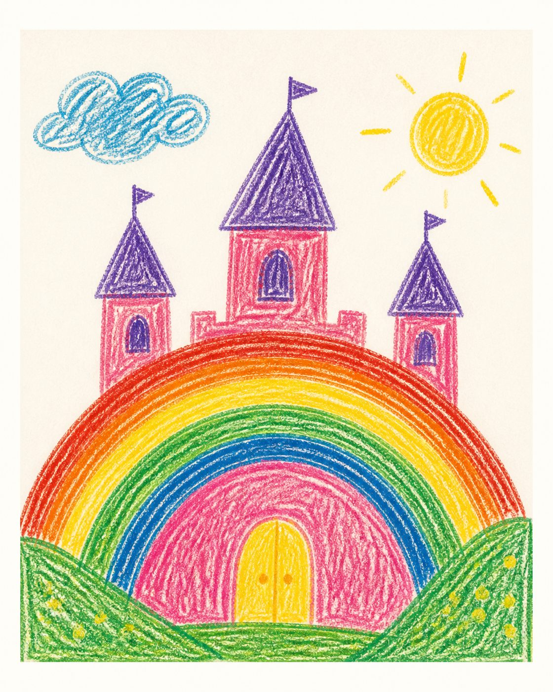 Processed gallery-ready version of the child's rainbow castle artwork